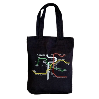 Velká bavlněná taška se schématem pražského metra | černá