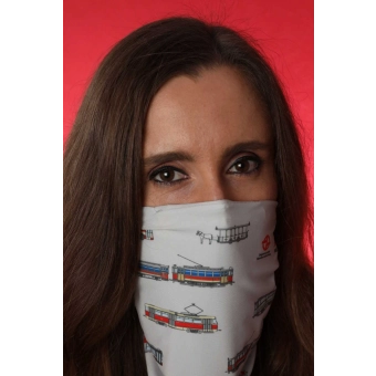 Světle šedý nano nákrčník Purtana s pražskými muzejními vozy (s 10 nanofiltry)