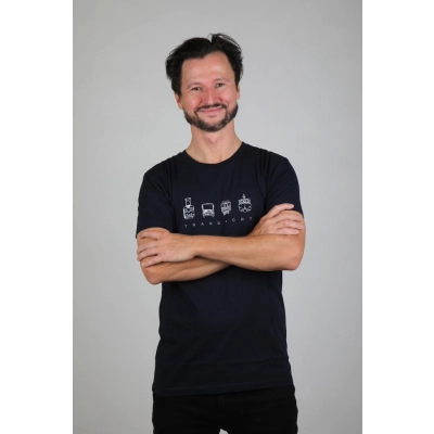                             Tmavě modré pánské charitativní triko Klokart (kolekce Transport)                        