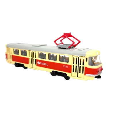                             Tramvaj s hlášením zastávek a logem DPP                        