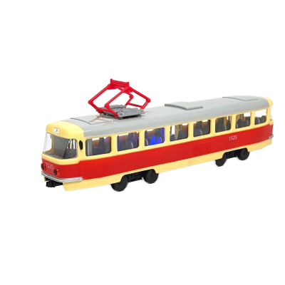                             Tramvaj s hlášením zastávek a logem DPP                        