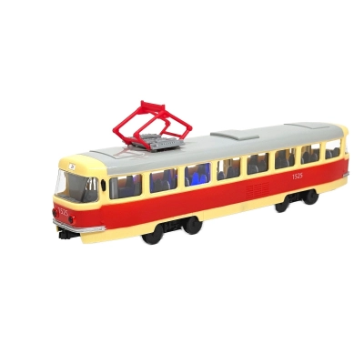                            Tramvaj s hlášením zastávek a logem DPP                        