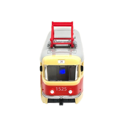                            Tramvaj s hlášením zastávek a logem DPP                        
