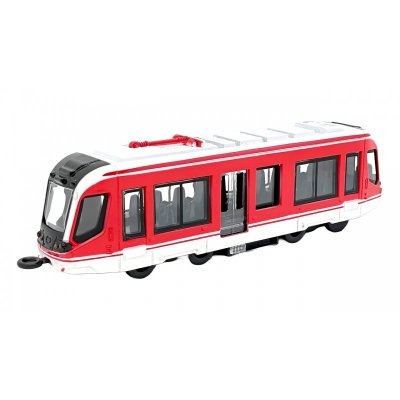 Moderní kovová tramvaj s logem DPP