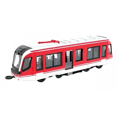 Moderní kovová tramvaj s logem DPP