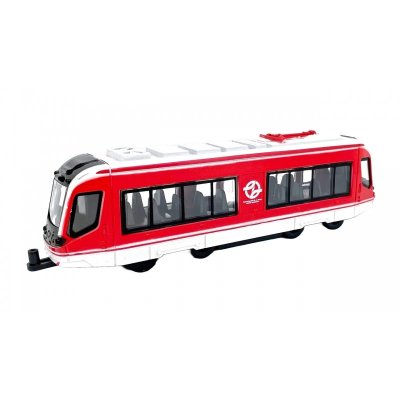 Moderní kovová tramvaj s logem DPP