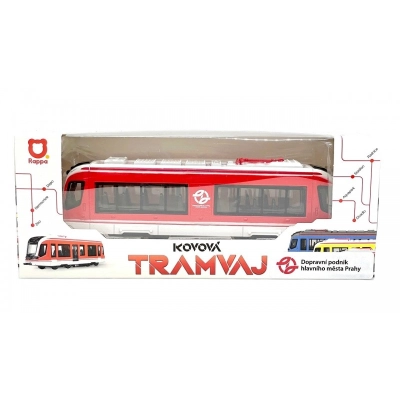 Moderní kovová tramvaj s logem DPP