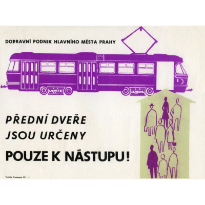 Pohlednice s retro motivem Přední dveře jsou určeny pouze k nástupu (1969)                    