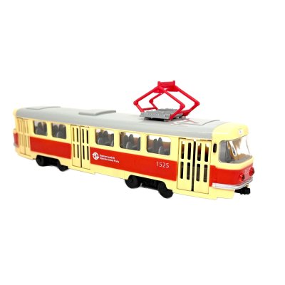 Tramvaj s hlášením zastávek a logem DPP