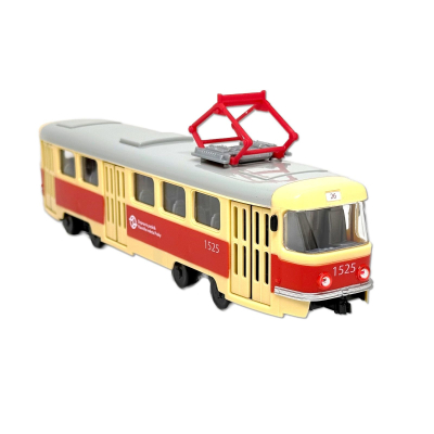 Tramvaj s hlášením zastávek a logem DPP                    