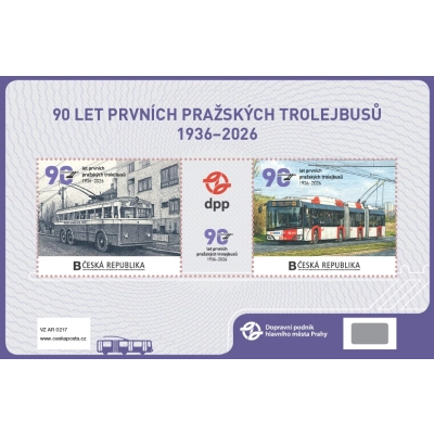Známkový aršík 90 let prvních pražských trolejbusů 1936–2026