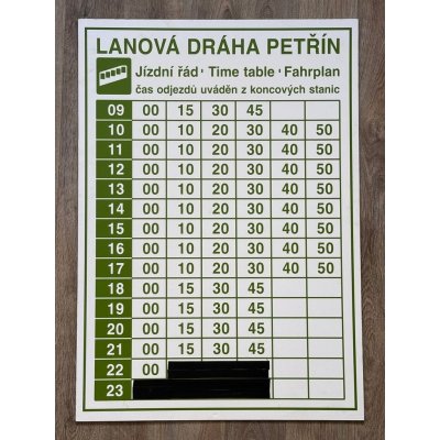 Originální orientační tabule „Jízdní řád lanová dráha“ (oboustranná)