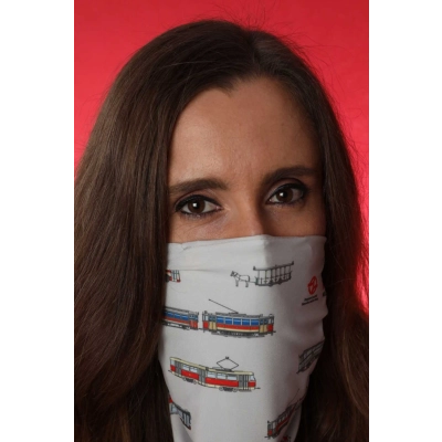 Světle šedý nano nákrčník Purtana s pražskými muzejními vozy (s 10 nanofiltry)                    