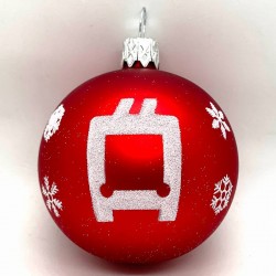 Sada 6 červených vánočních ozdob s piktogramy dopravních prostředků pražské MHD