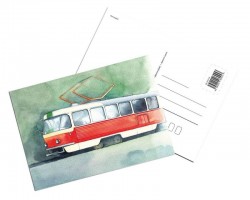 Sada 5 kreslených tramvajových pohlednic