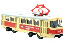 Kovová tramvaj s retro logem Dopravních podniků