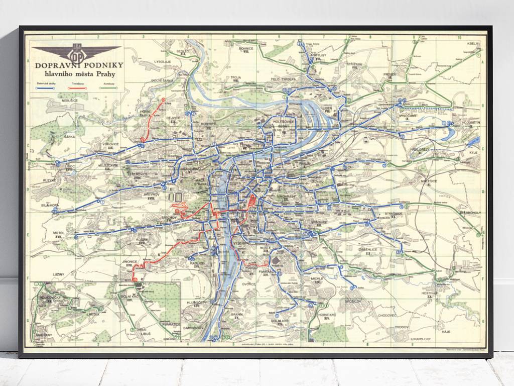 Schéma sítě MHD Dopravní podniky hl. m. Prahy 1948
