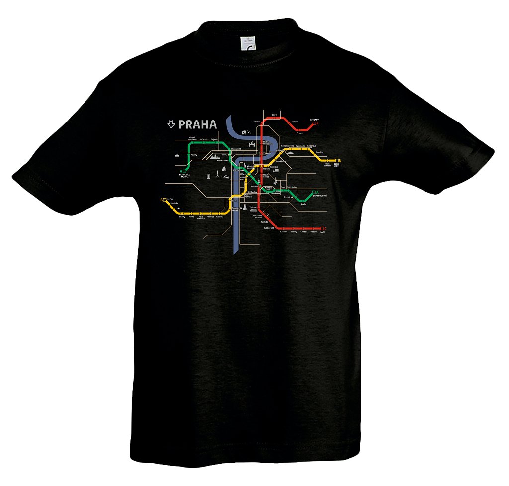 Černé dětské triko se schématem pražského metra