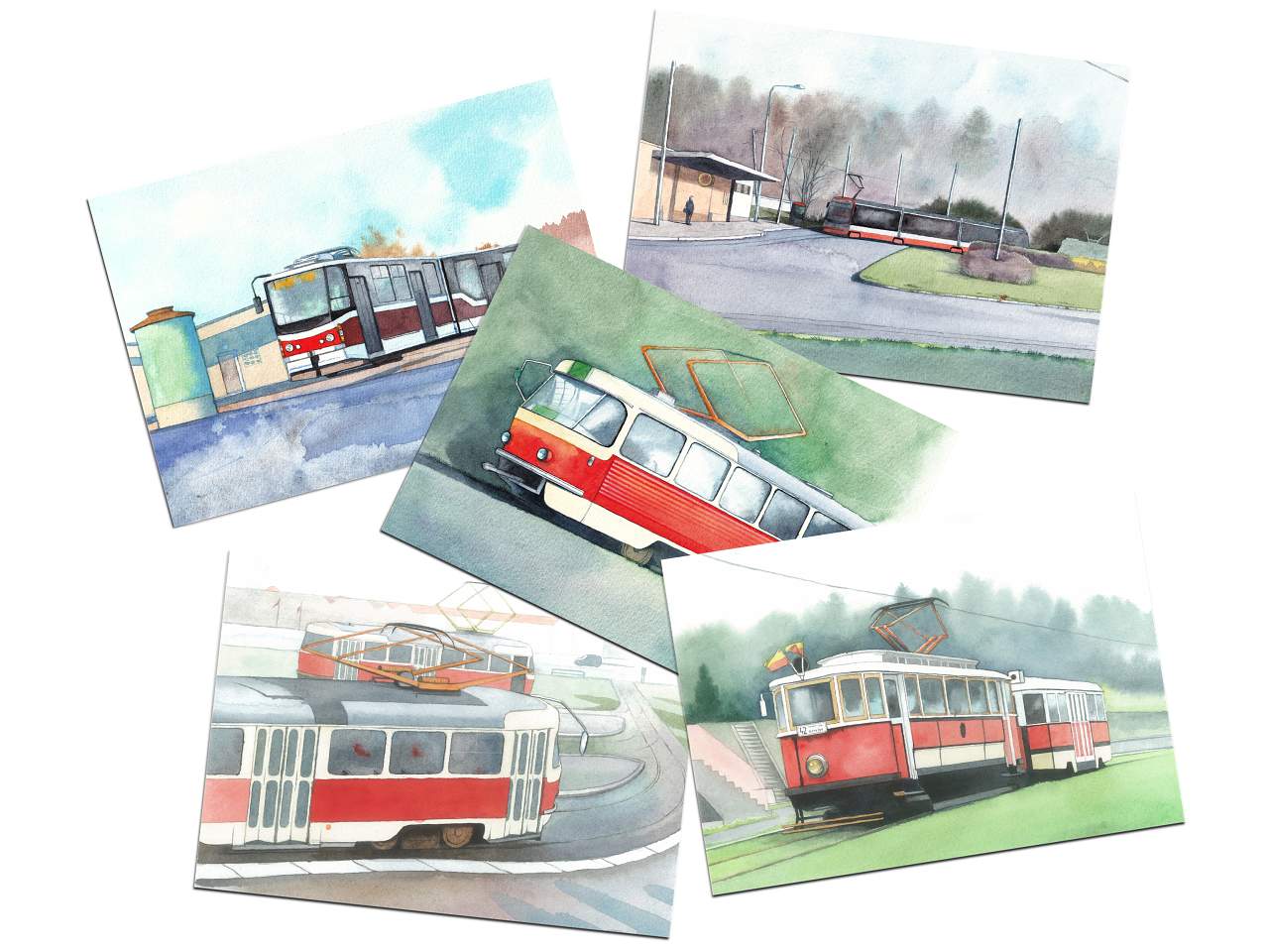 Sada 5 kreslených tramvajových pohlednic