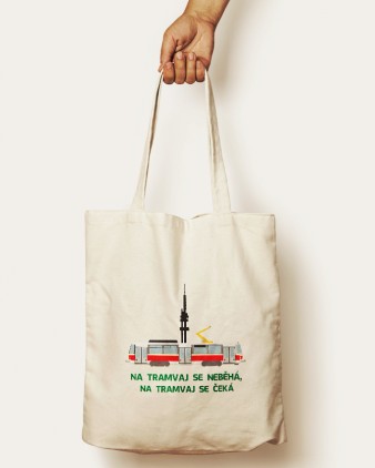 Bavlněná taška s motivem tramvaje T6A5, Žižkovskou věží a nápisem