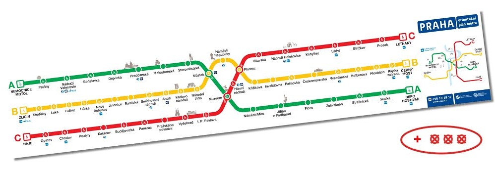 Schéma tras metra „Jezevčík“ včetně tří samolepek s křížky (samolepka)