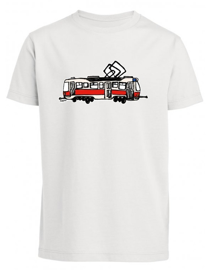 Bílé pánské triko kreslená tramvaj