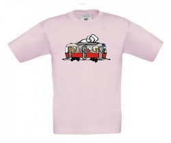 Růžové dětské triko kreslená tramvaj se zvířátky