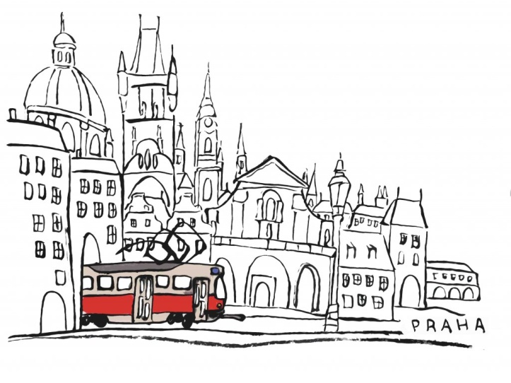 Pohlednice kreslená tramvaj na Malé Straně