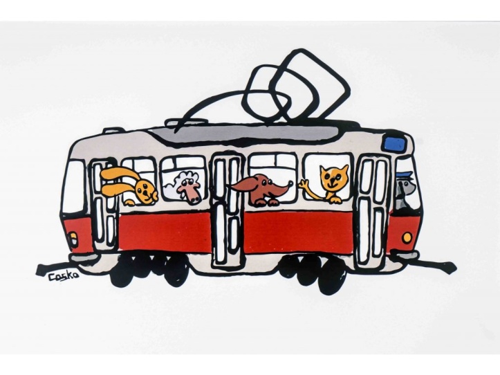 Pohlednice kreslená tramvaj se zvířátky