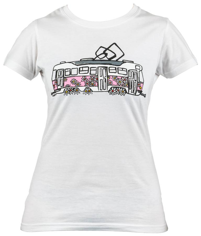 Bílé dámské triko kreslená kopretinová tramvaj
