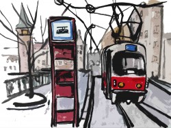 Pohlednice kreslená tramvaj u Karlových lázní
