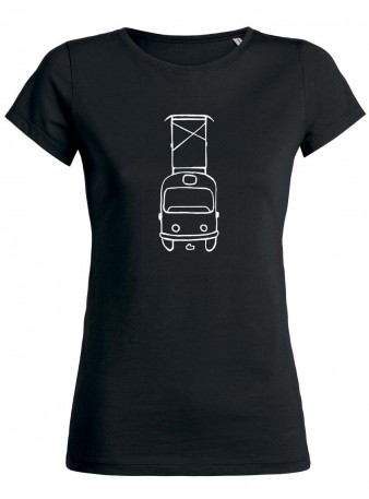 Černé dámské svítící triko kreslená tramvaj s pantografem