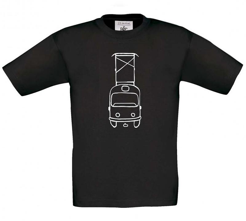 Černé dětské svítící triko kreslená tramvaj s pantografem