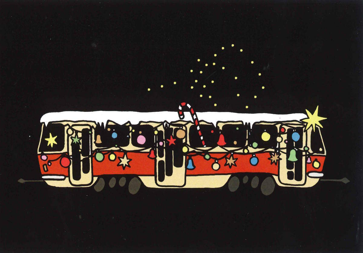 Pohlednice kreslená vánoční tramvaj
