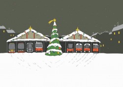 Pohlednice kreslená vánoční vozovna (s městem v pozadí)