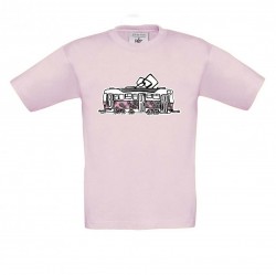 Světle růžové dětské triko kreslená kopretinová tramvaj
