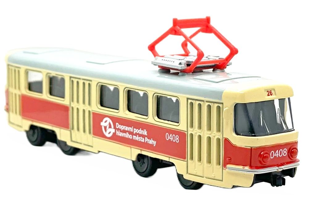Kovová tramvaj s logem DPP