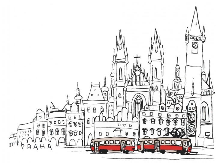 Plakát s motivem tramvaje na Staroměstském náměstí